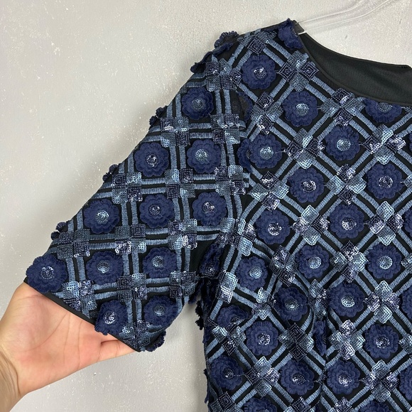 Badgley Mischka size 12 sheath dress navy textured floral sequin short sleeve - Picture 4 of 11